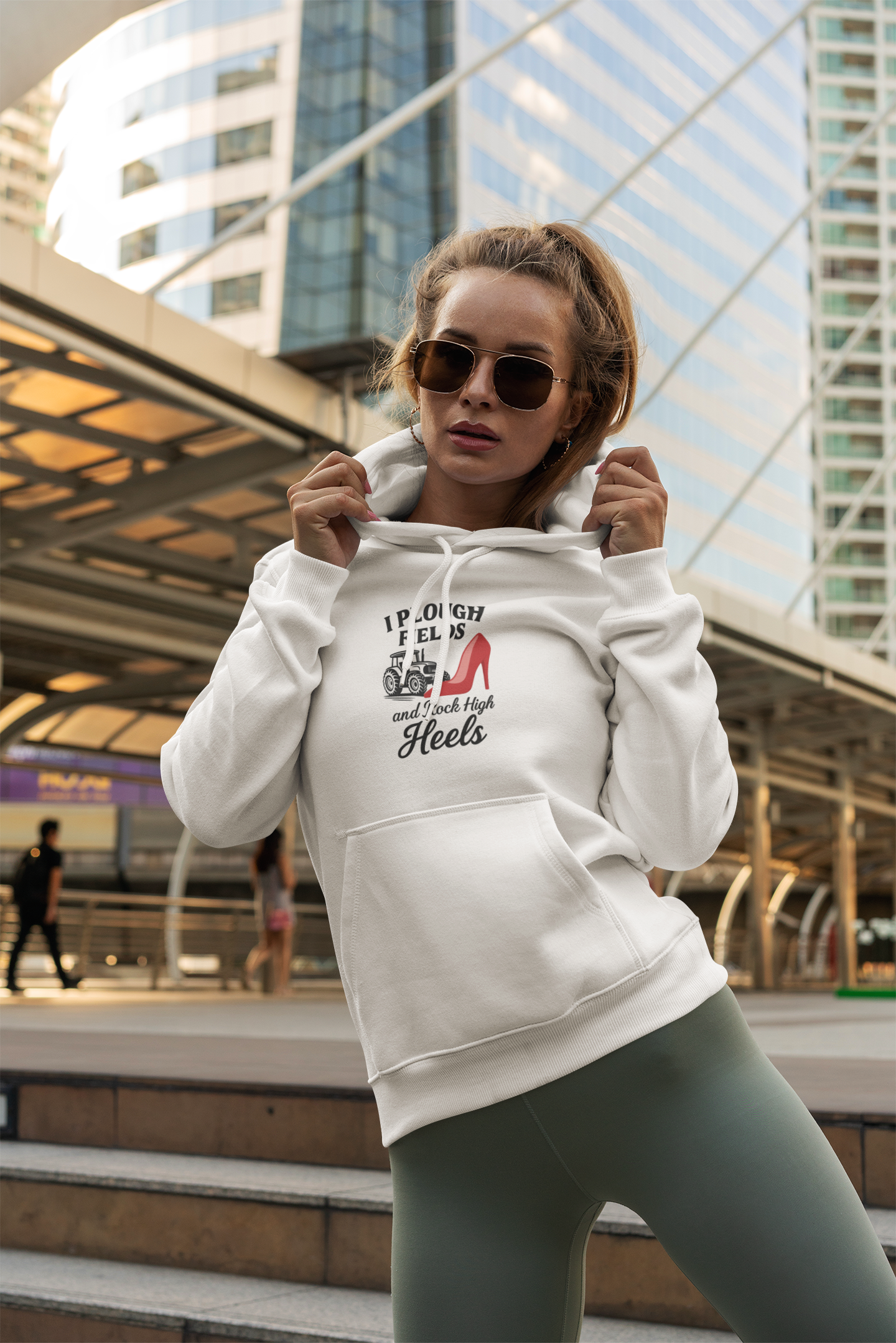 Funny Farmer Hoodie – I Plough Fields and Rock High Heels, Gift for Farmers.